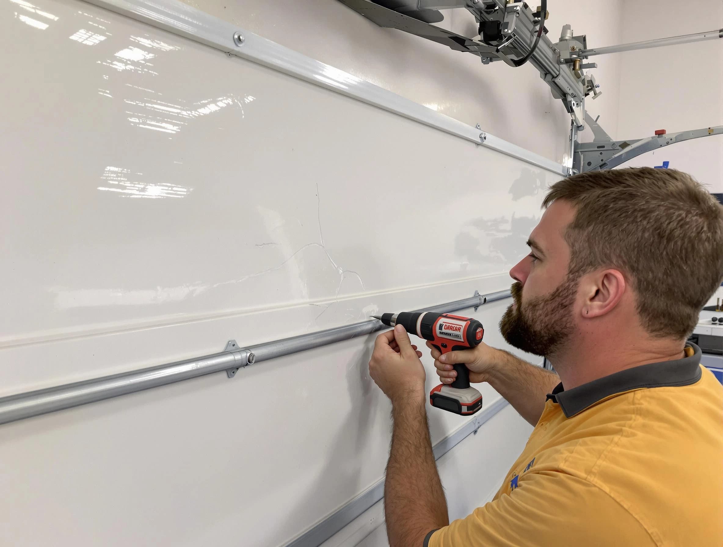 White House Garage Door Repair expert performing dent repair on garage door in White House