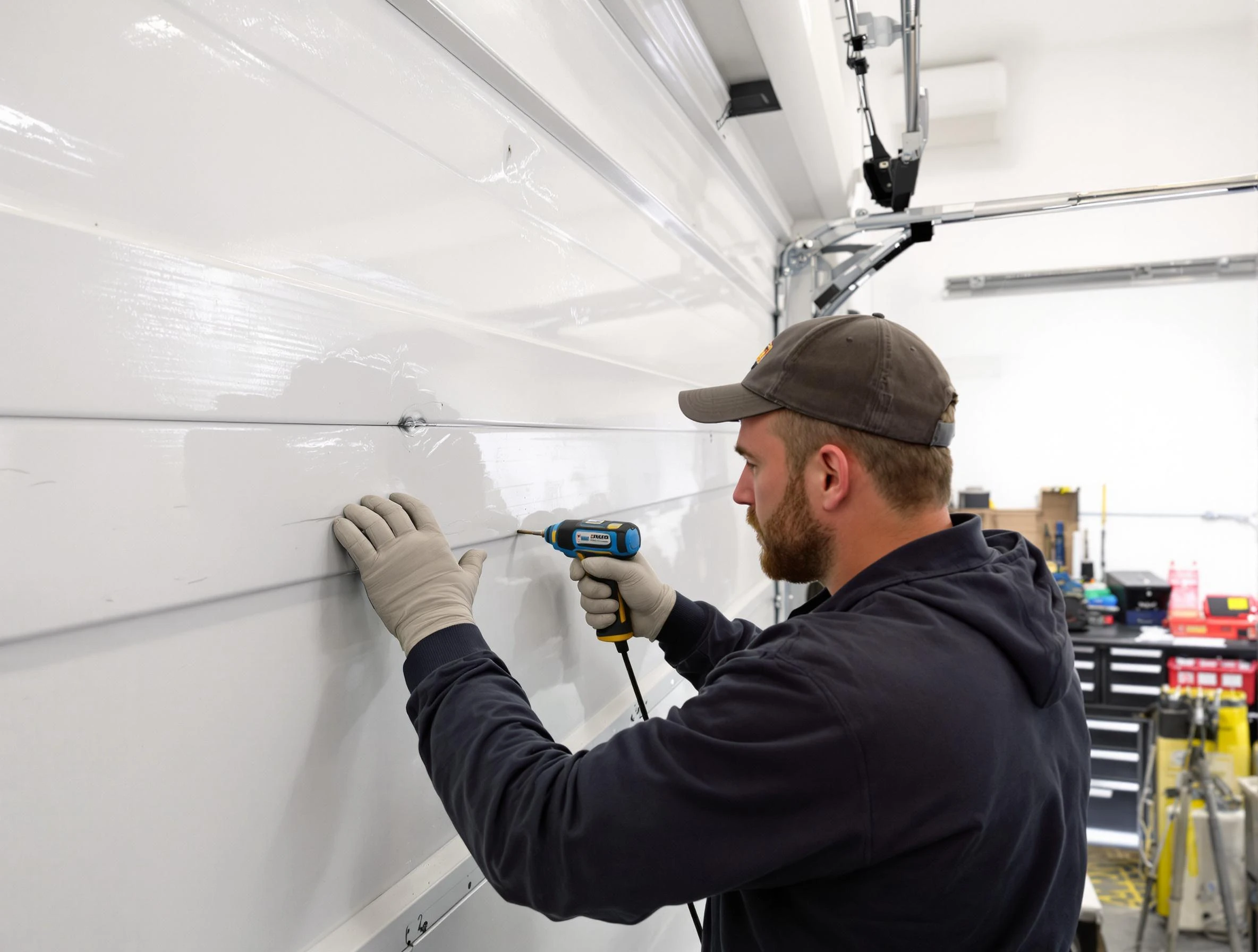 White House Garage Door Repair technician demonstrating precision dent removal techniques on a White House garage door