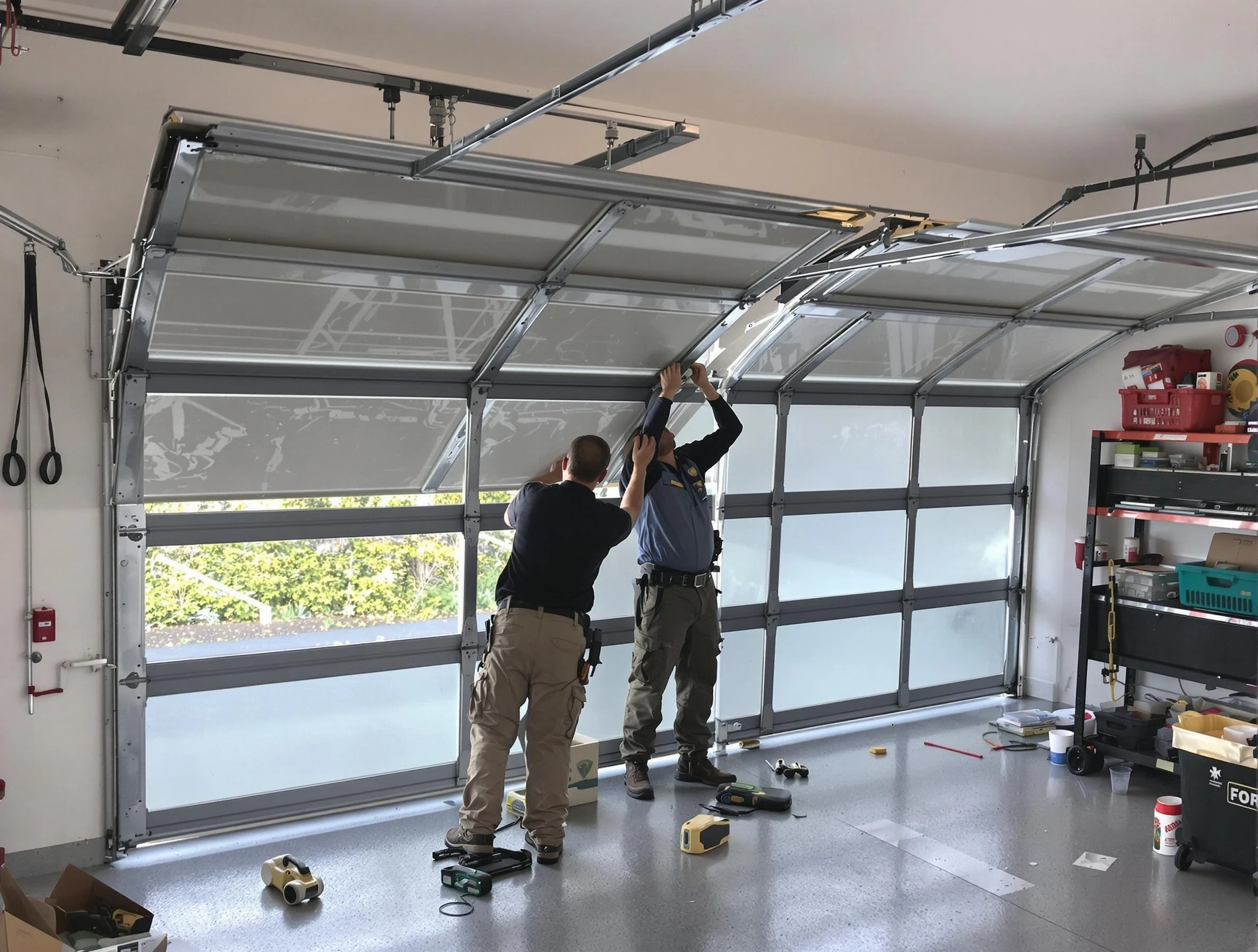 White House Garage Door Repair expert performing precise panel replacement on White House garage door