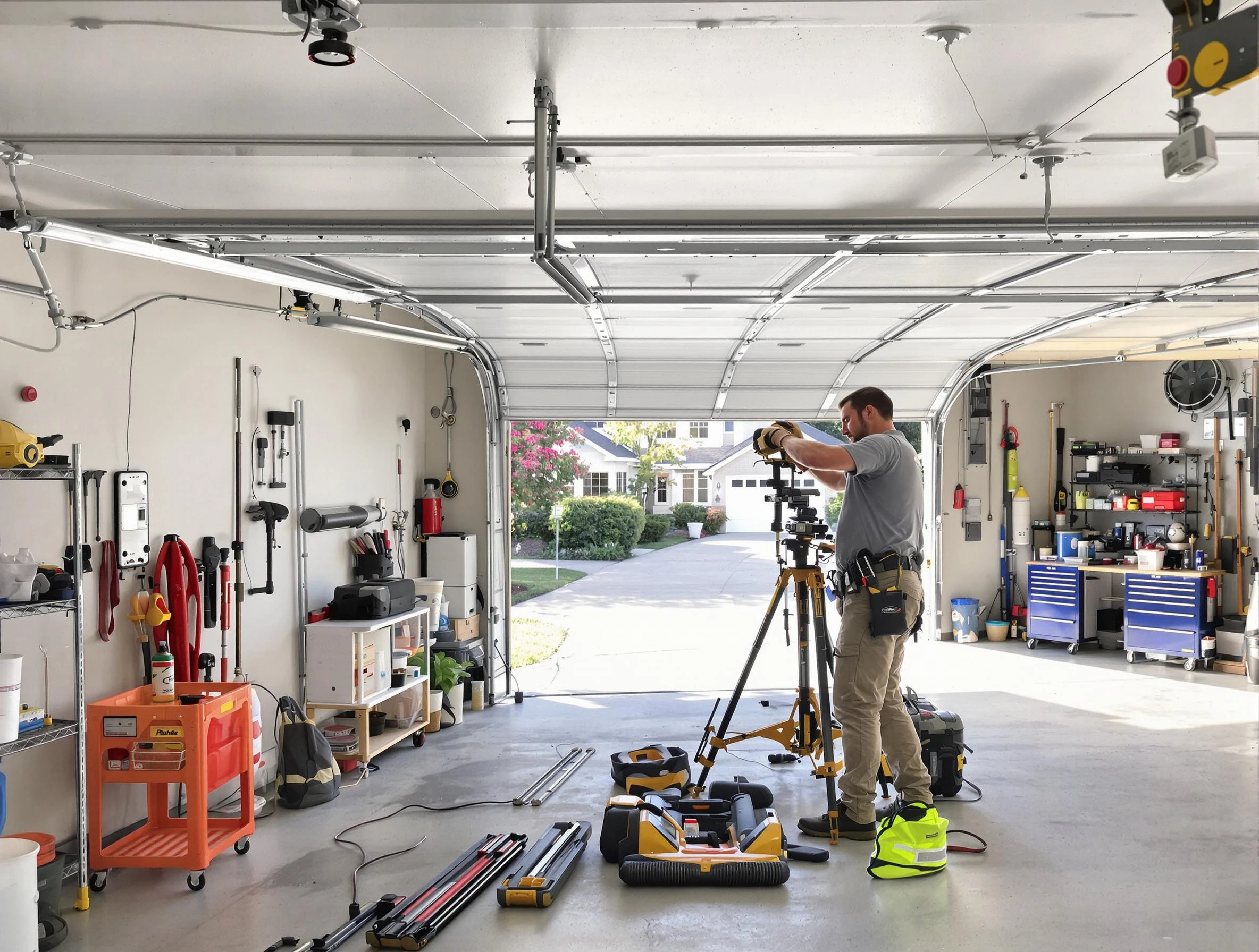 White House Garage Door Repair specialist performing laser-guided track alignment in White House